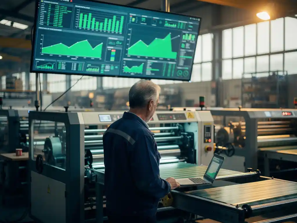 Fabrieksoperator bewaakt productielijnen onder verlicht dashboard met groene prestatiemetingen op industriële werkvloer.